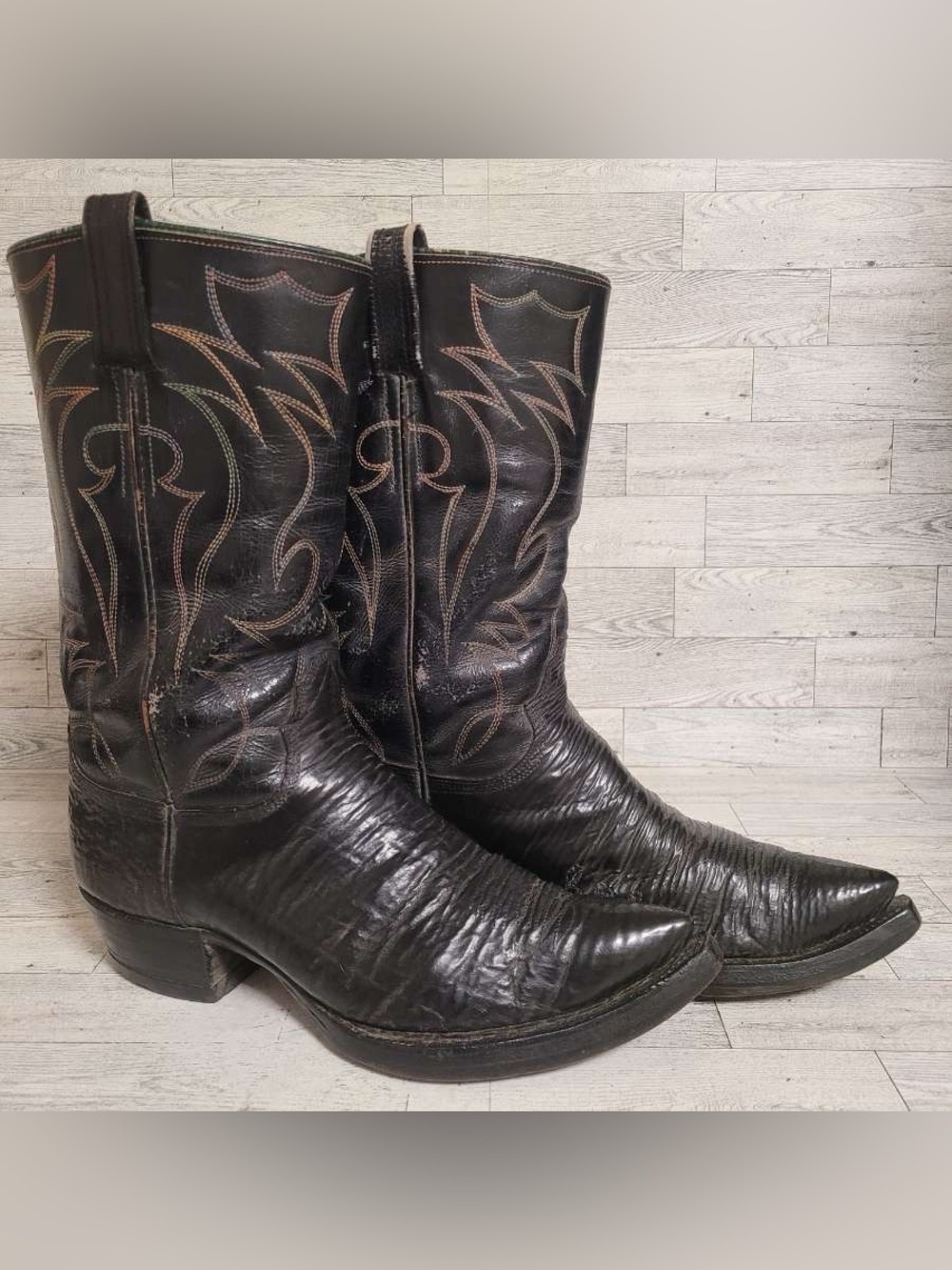 Men's 12D Custom Exotic Black Sharkskin Leather Vintage Handmade Cowboy Boots